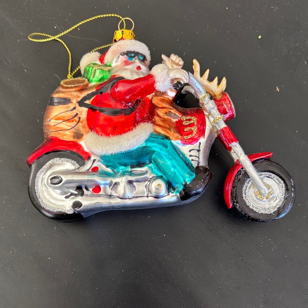 Santa Claus Motorcycle Ornament - Red and Silver